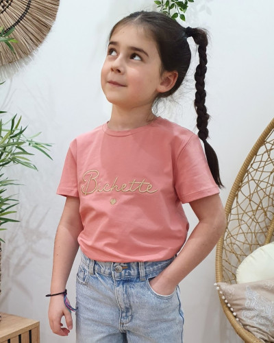T-Shirt enfant rose broderie bichette dorée