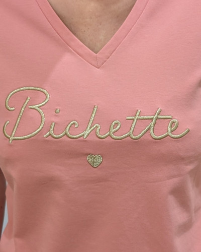 T-Shirt femme rose broderie bichette dorée
