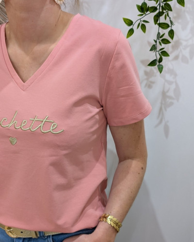 T-Shirt femme rose broderie bichette dorée