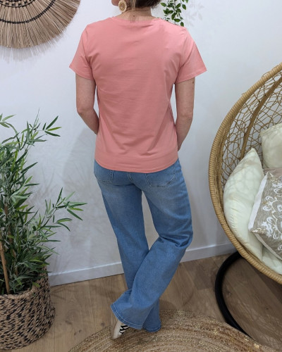 T-Shirt femme rose broderie bichette dorée