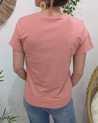 T-Shirt femme rose broderie bichette dorée