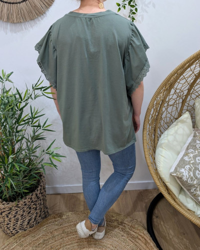 T-Shirt femme oversize manches brodées poche fleur strass