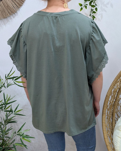 T-Shirt femme oversize manches brodées poche fleur strass