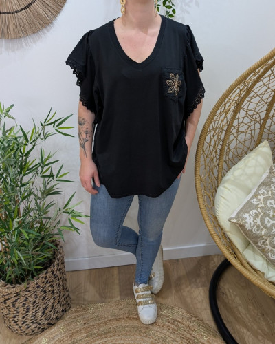 T-Shirt femme oversize manches brodées poche fleur strass