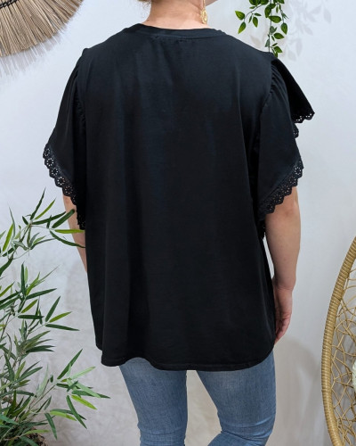 T-Shirt femme oversize manches brodées poche fleur strass