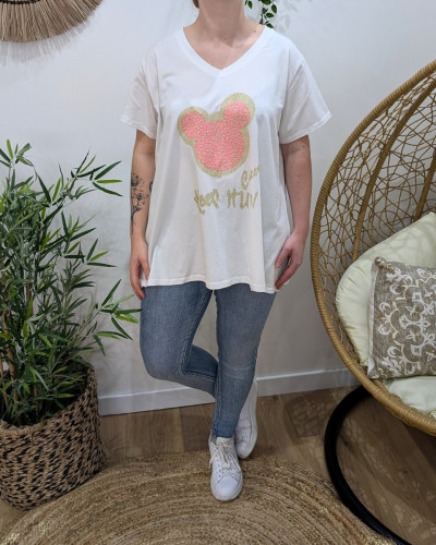 T-Shirt femme oversize Mickey paillettes dorées et rose