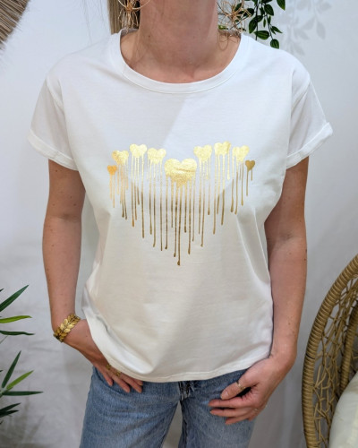 T-Shirt femme blanc coeurs coulants dorés
