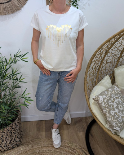 T-Shirt femme blanc coeurs coulants dorés