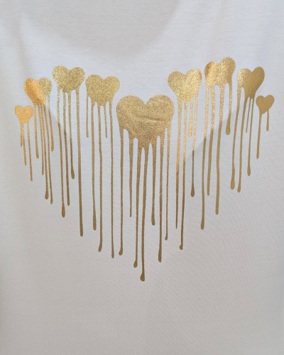 T-Shirt femme blanc coeurs coulants dorés