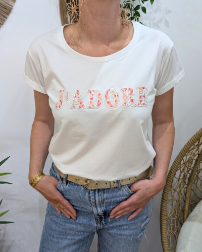 T-Shirt femme blanc J'adore motifs corail jaunes beiges