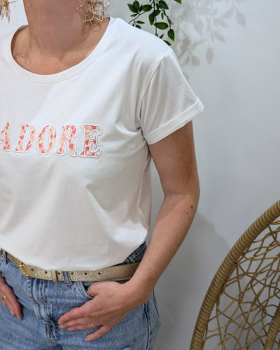 T-Shirt femme blanc J'adore motifs corail jaunes beiges