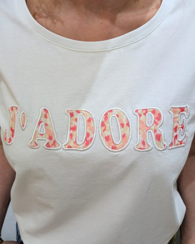 T-Shirt femme blanc J'adore motifs corail jaunes beiges
