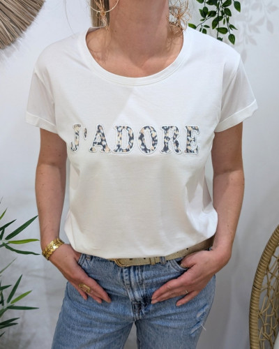 T-Shirt femme blanc J'adore motifs bleu marine beiges