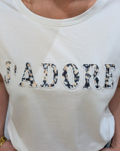 T-Shirt femme blanc J'adore motifs bleu marine beiges