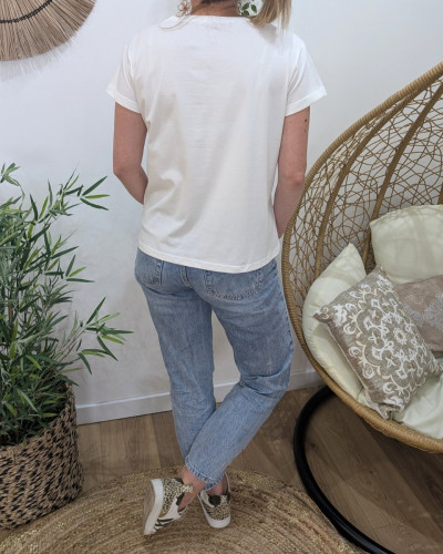 T-Shirt femme blanc J'adore vert amande fleurs écrues