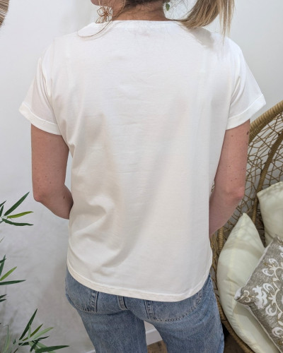 T-Shirt femme blanc J'adore vert amande fleurs écrues