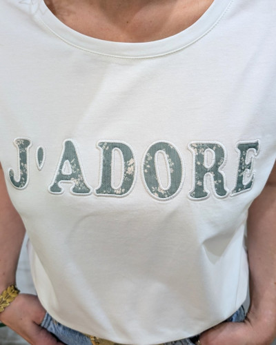 T-Shirt femme blanc J'adore vert amande fleurs écrues