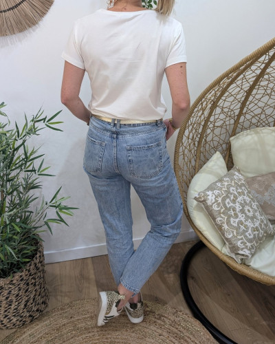 T-Shirt femme blanc broderie happy bleu marine