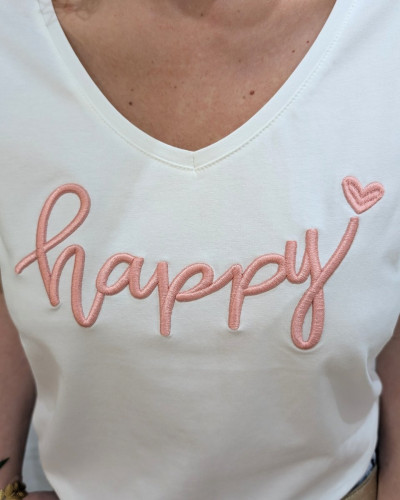 T-Shirt femme blanc broderie happy rose poudré