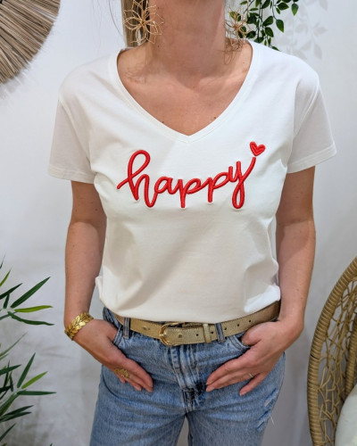 T-Shirt femme blanc broderie happy rouge