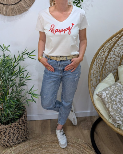 T-Shirt femme blanc broderie happy rouge