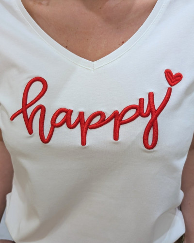 T-Shirt femme blanc broderie happy rouge