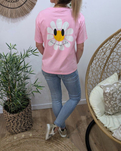 T-Shirt femme rose fleurs good vibes Only