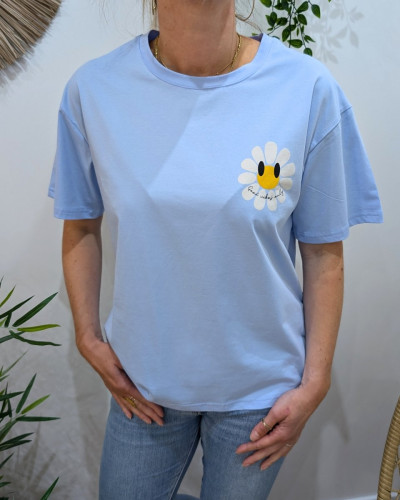 T-Shirt femme bleu ciel fleurs good vibes Only
