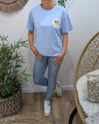 T-Shirt femme bleu ciel fleurs good vibes Only