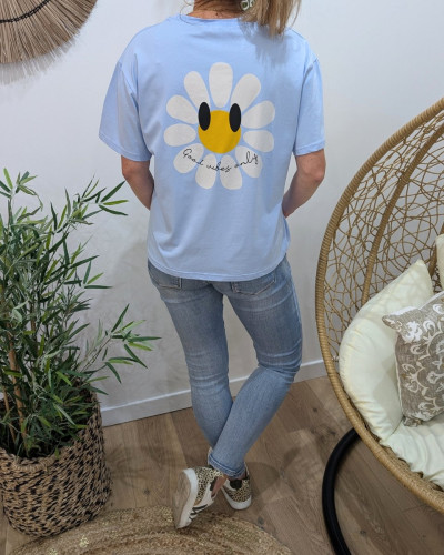 T-Shirt femme bleu ciel fleurs good vibes Only
