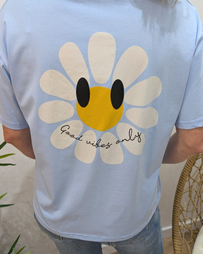 T-Shirt femme bleu ciel fleurs good vibes Only