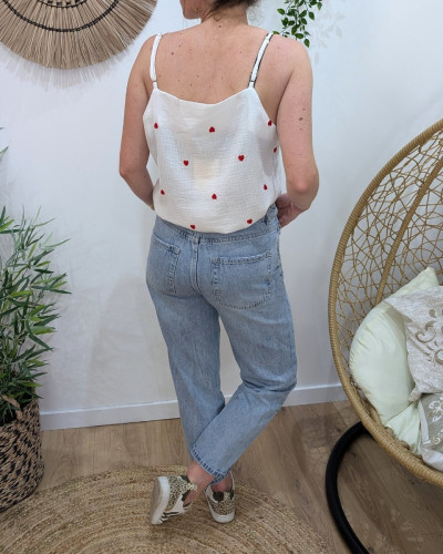 Top femme à bretelle coton gaze blanc coeurs rouges