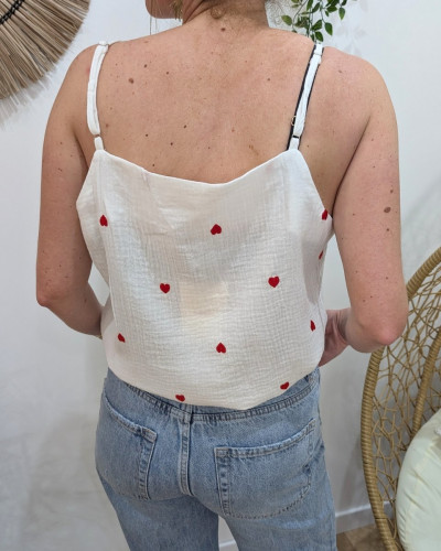 Top femme à bretelle coton gaze blanc coeurs rouges