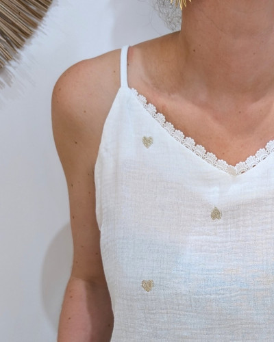 Top femme à bretelle coton gaze blanc coeurs dorés
