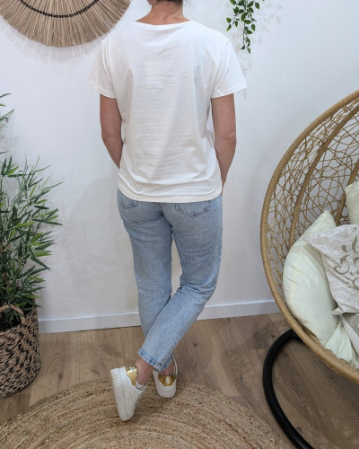 T-Shirt femme blanc broderie smile bleu ciel