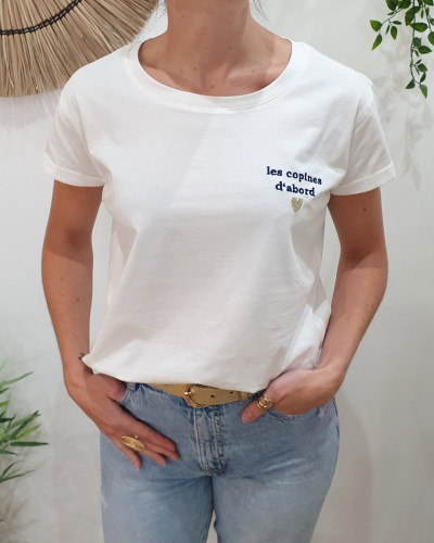 T-Shirt femme blanc broderie les copines d'abord marine