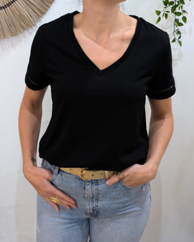 T-Shirt femme noir épaules et manches ajourées Félicity