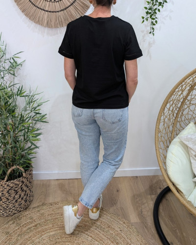 T-Shirt femme noir épaules et manches ajourées Félicity