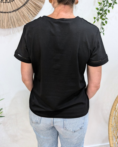T-Shirt femme noir épaules et manches ajourées Félicity