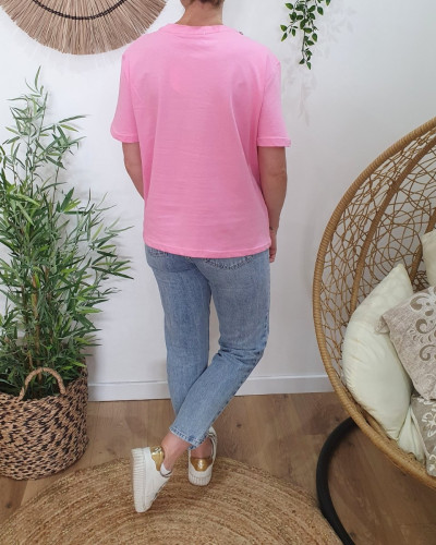 T-Shirt femme rose baby col à strass