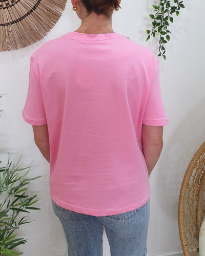 T-Shirt femme rose baby col à strass