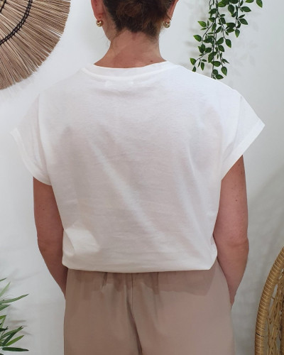 T-Shirt femme blanc broderies beiges ajourées Évania
