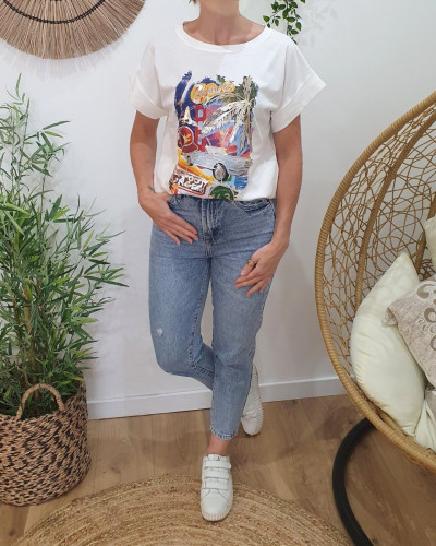 T-shirt femme blanc California 163 multicolore
