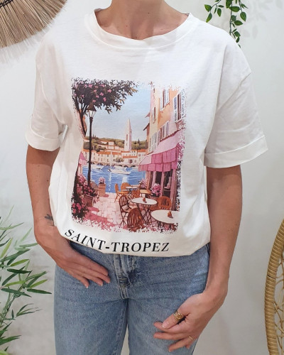 T-shirt femme blanc Saint Tropez multicolore