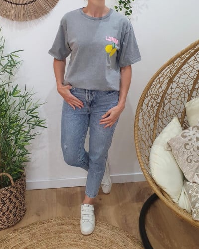 T-shirt femme gris délavé Limon jaune rose vert