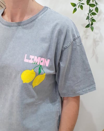 T-shirt femme gris délavé Limon jaune rose vert