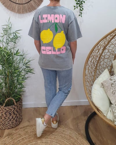 T-shirt femme gris délavé Limon jaune rose vert