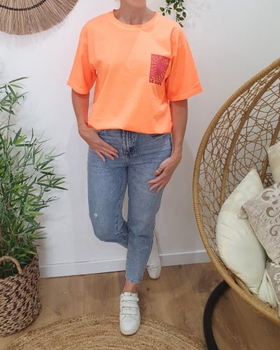 T-shirt femme orange fluo Soleil rouge mauve