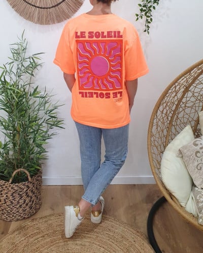 T-shirt femme orange fluo Soleil rouge mauve