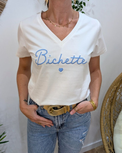 T-Shirt femme écru broderie bichette bleu ciel